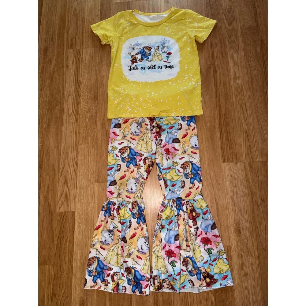 Beauty and the Beast Kids Outfit Set Yellow Bleached Tee Bell Bottom Pants 7-8T
